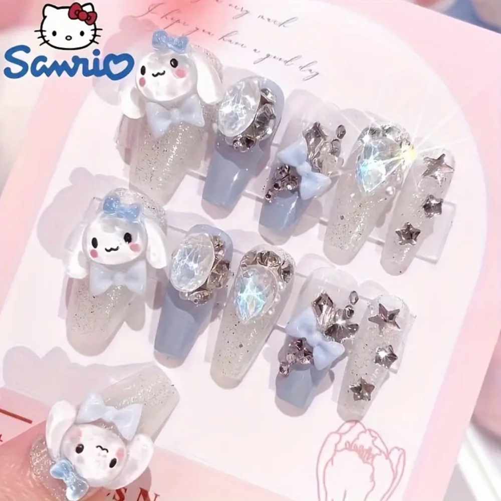 Sanrio Kawaii Jade Dog Press-On Nails Rhinestones 3D Reusable Medium Almond NWT - Picture 3 of 10